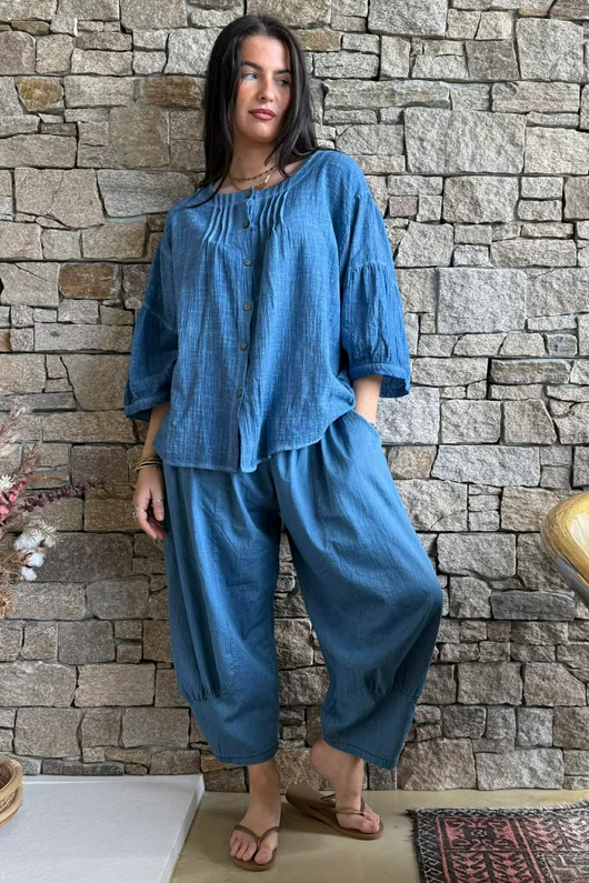 Loom & Thread Pin Tuck Blouse Washed Denim /40=